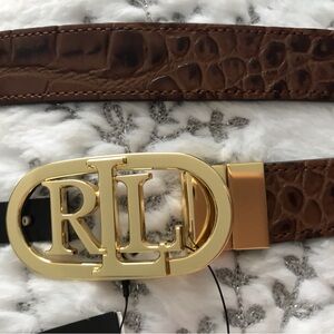 Lauren Ralph Lauren Embossed Brown Leather Belt with Gold LRL Buckle